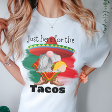 Load image into Gallery viewer, Just Here for the Tacos Cinco de Mayo Unisex Comfort Colors® T-shirt, Women&#39;s Cute Western Gnome with a Taco Tee in white, green or crimson
