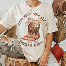 Load image into Gallery viewer, Keep Your Soul Clean and Your Boots Dirty Bella Canvas® Unisex Jersey Short Sleeve Tee in Natural or White Pretty Watercolor Flowers and Cowboy Boots
