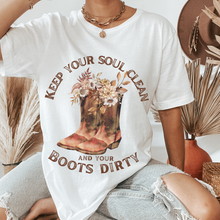 Load image into Gallery viewer, Keep Your Soul Clean and Your Boots Dirty Bella Canvas® Unisex Jersey Short Sleeve Tee in Natural or White Pretty Watercolor Flowers and Cowboy Boots
