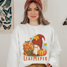 Load image into Gallery viewer, Leaf Peeper Gnome Crewneck Sweatshirt Fall Leaf Peeper Pullover Ash, Sand, or White Cozy Soft Gildan Sweatshirt Cute Gnome in Sweater Cap
