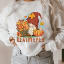 Load image into Gallery viewer, Leaf Peeper Gnome Crewneck Sweatshirt Fall Leaf Peeper Pullover Ash, Sand, or White Cozy Soft Gildan Sweatshirt Cute Gnome in Sweater Cap
