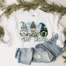 Load image into Gallery viewer, Merry Christmas Gnomes Crewneck Sweatshirt Cute Warm and Cozy Gildan® Pullover Watercolor Gnomes and Sled
