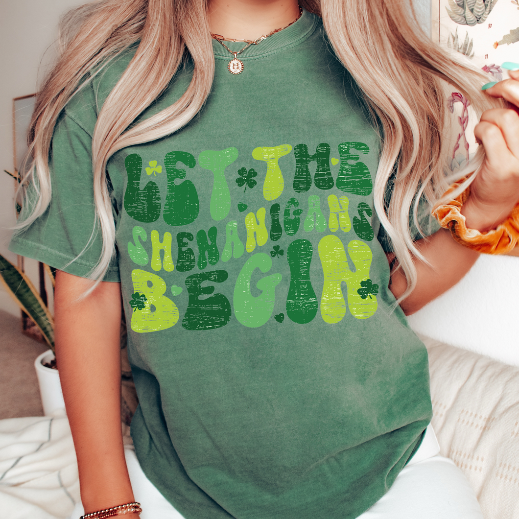 Let The Shenanigans Begin Unisex Comfort Colors® T-shirt Women's Green or White St. Patrick's Day T-Shirt, Retro Design Irish T-Shirt