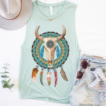 Load image into Gallery viewer, Trendy Desert Tank Summer Western Bull Skull and Dreamcatcher Tank Relaxed Bella Canvas Tank
