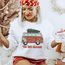 Load image into Gallery viewer, Christmas Crewneck Sweatshirt Cute Women&#39;s Cute Red Hippie Van with Tree on Top Warm Cozy Gildan® White, Ash, or Sand Pullover
