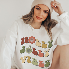 Load image into Gallery viewer, Holly Jolly Vibes Christmas Crewneck Sweatshirt Women&#39;s Retro Design White or Ash Christmas Pullover Warm Cozy Gildan Sweatshirt
