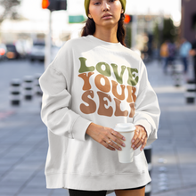 Load image into Gallery viewer, Women&#39;s Trendy Love Yourself Retro Design Unisex-Size Crewneck Sweatshirt Gift for Her White Pullover Front or Back Design
