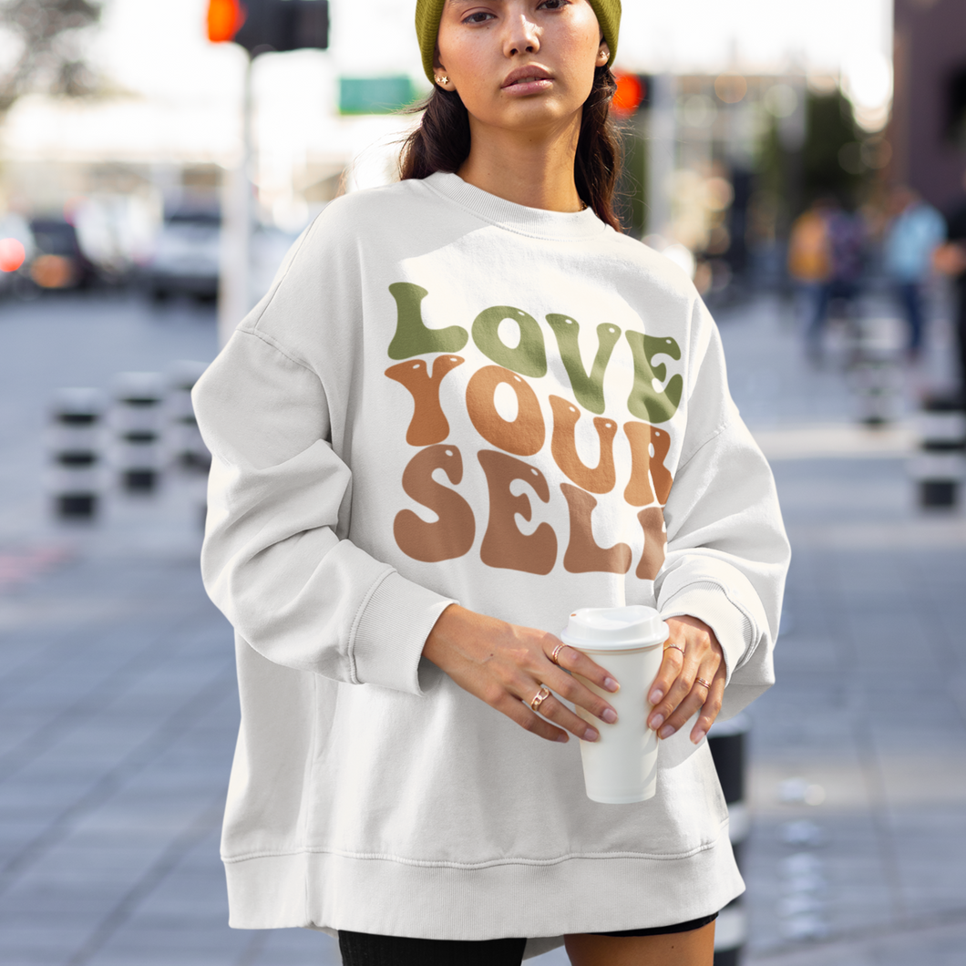 Women's Trendy Love Yourself Retro Design Unisex-Size Crewneck Sweatshirt Gift for Her White Pullover Front or Back Design