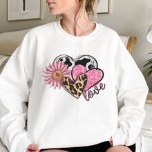 Load image into Gallery viewer, Women&#39;s Valentine&#39;s Day Unisex-Size Crewneck Pink or White Sweatshirt Spring Pullover Gift Cow Hide Hearts and Flowers
