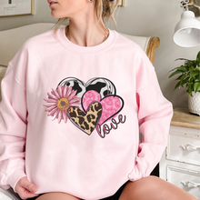 Load image into Gallery viewer, Women&#39;s Valentine&#39;s Day Unisex-Size Crewneck Pink or White Sweatshirt Spring Pullover Gift Cow Hide Hearts and Flowers
