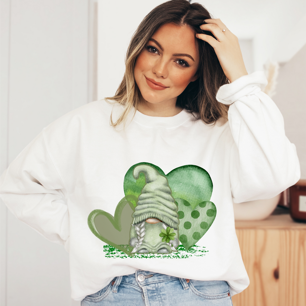 Women's Gnome St. Patrick's Day Unisex-Size Crewneck Sweatshirt or T-Shirt Spring Pullover St. Patrick's Gift Hand Drawn Gnome and Hearts