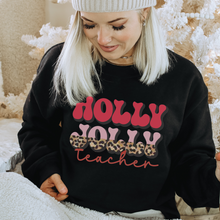 Load image into Gallery viewer, Holly Jolly Teacher Christmas Crewneck Sweatshirt Women&#39;s Unisex-Sized Retro Leopard Print Christmas Design Warm Cozy Gildan Pullover
