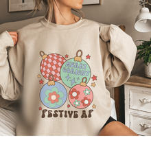 Load image into Gallery viewer, Christmas Crewneck Sweatshirt Ash, Sand, or White Women&#39;s Funny Festive AF Retro Christmas Ornaments Design Trendy Cozy Gildan® Pullover
