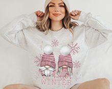 Load image into Gallery viewer, Hello Winter Gnomes Crewneck Sweatshirt Women&#39;s Unisex-Sized Christmas Pullover Watercolor Gnomes and Snowflakes Cozy Shirt
