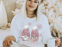 Load image into Gallery viewer, Hello Winter Gnomes Crewneck Sweatshirt Women&#39;s Unisex-Sized Christmas Pullover Watercolor Gnomes and Snowflakes Cozy Shirt
