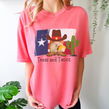 Load image into Gallery viewer, Adorable Texas and Tacos Unisex Comfort Colors® T-shirt Women&#39;s Mustard, Green, Melon or White Cute Western Cowboy Gnome with a Taco
