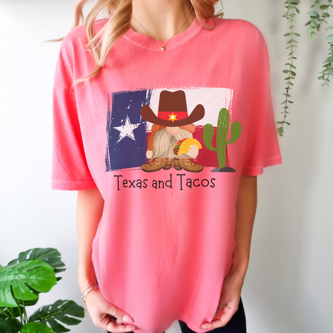 Adorable Texas and Tacos Unisex Comfort Colors® T-shirt Women's Mustard, Green, Melon or White Cute Western Cowboy Gnome with a Taco