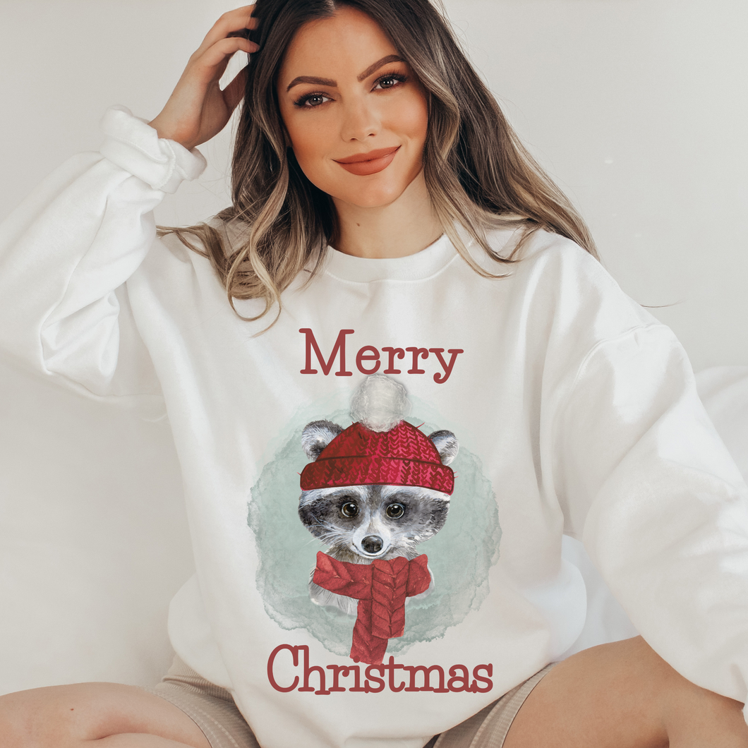 Christmas Watercolor Cute Christmas Raccoon Women's Soft, Cozy Crewneck Sweatshirt Winter Design in Ash or White Christmas Soft Pullover