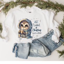 Load image into Gallery viewer, Christmas Watercolor Cute Christmas Owl Women&#39;s Soft, Cozy Crewneck Sweatshirt Winter Design All I Need Is Coffee and Christmas
