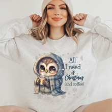 Load image into Gallery viewer, Christmas Watercolor Cute Christmas Owl Women&#39;s Soft, Cozy Crewneck Sweatshirt Winter Design All I Need Is Coffee and Christmas
