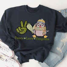 Load image into Gallery viewer, Peace Love Penguins Winter or Christmas Crewneck Sweatshirt Gift for Her Hand Drawn Penguin Unisex Size Cozy Oversize Pullover
