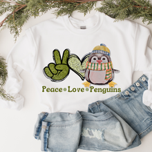 Load image into Gallery viewer, Peace Love Penguins Winter or Christmas Crewneck Sweatshirt Gift for Her Hand Drawn Penguin Unisex Size Cozy Oversize Pullover
