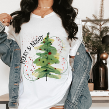 Load image into Gallery viewer, Comfort Colors® Christmas Merry and Bright T-shirt in Mustard, Crimson and White Christmas Watercolor Tree Soft Relaxed Fit Tee
