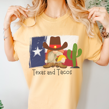 Load image into Gallery viewer, Adorable Texas and Tacos Unisex Comfort Colors® T-shirt Women&#39;s Mustard, Green, Melon or White Cute Western Cowboy Gnome with a Taco
