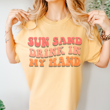 Load image into Gallery viewer, Summer Sun, Sand, Drink In My Hand Comfort Colors® Unisex Garment-Dyed T-shirt in Six Pretty Spring or Summer Colors Beach Trip T-Shirt
