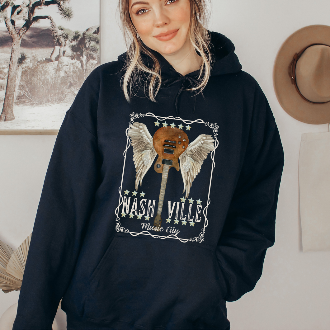 Nashville Music City Unisex Heavy Blend™ Hoodie or Crewneck Sweatshirt Women's or Men's Unisex-Size Guitar Shirt in black