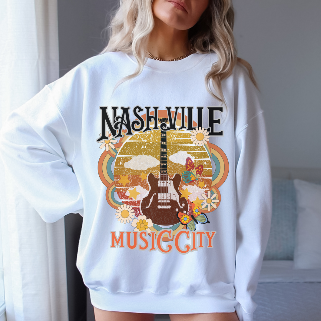 Retro Inspired Vintage Nashville Crewneck Sweatshirt, Distressed 70's Design, Nashville Music City Pullover, Trendy Music Shirt, Gift for Music Lover