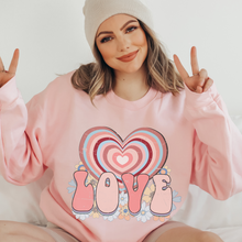 Load image into Gallery viewer, Women&#39;s Retro Valentine&#39;s Day Love Crewneck Sweatshirt in White, Pink or Ash Crewneck Unisex Valentine&#39;s Gift Cute Graphic Sweatshirt
