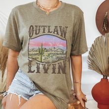 Load image into Gallery viewer, Outlaw Livin&#39; Desert Design Bella Canvas® Unisex Jersey Short Sleeve Tee in Olive, Cream, Grey or Black Distressed Desert Cactus Design
