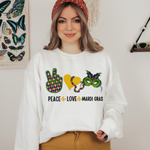 Load image into Gallery viewer, Peace Love Mardi Gras Sweatshirt Women&#39;s Mardi Gras Sweatshirt Unisex Cozy White Sweatshirt Gift for Her Peace Sign Heart Mask
