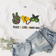 Load image into Gallery viewer, Peace Love Mardi Gras Sweatshirt Women&#39;s Mardi Gras Sweatshirt Unisex Cozy White Sweatshirt Gift for Her Peace Sign Heart Mask
