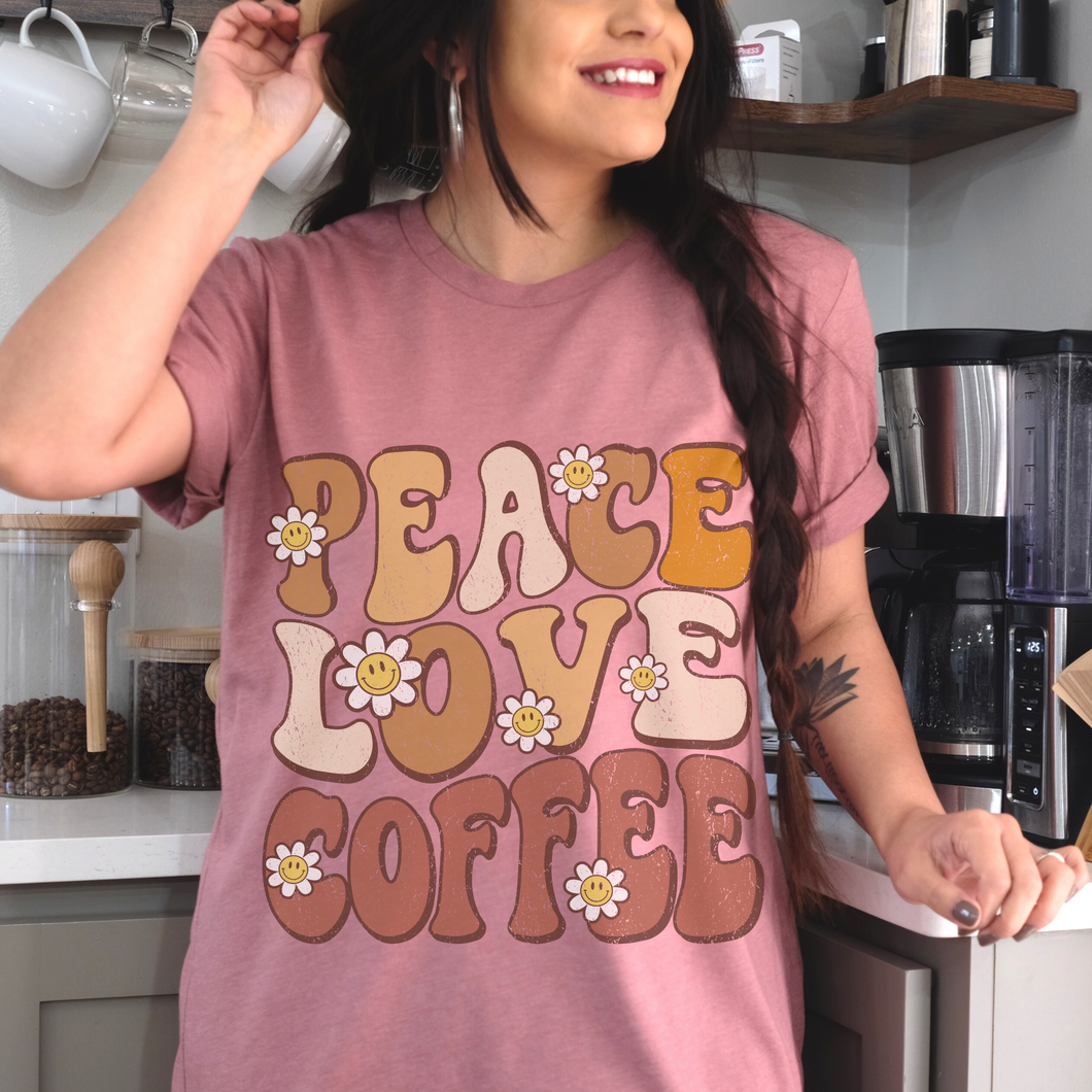 Peace Love Coffee Bella Canvas Unisex Jersey Short Sleeve Tee Trendy Vintage Inspired Design T-Shirt Gift for Coffee Lover