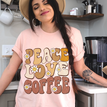 Load image into Gallery viewer, Peace Love Coffee Bella Canvas Unisex Jersey Short Sleeve Tee Trendy Vintage Inspired Design T-Shirt Gift for Coffee Lover
