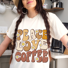 Load image into Gallery viewer, Peace Love Coffee Bella Canvas Unisex Jersey Short Sleeve Tee Trendy Vintage Inspired Design T-Shirt Gift for Coffee Lover
