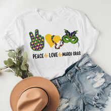 Load image into Gallery viewer, Peace Love Mardi Gras Sweatshirt Women&#39;s Mardi Gras Sweatshirt Unisex Cozy White Sweatshirt Gift for Her Peace Sign Heart Mask
