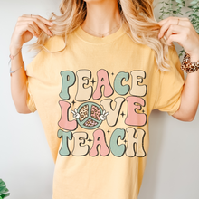 Load image into Gallery viewer, Peace Love Teach Unisex Comfort Colors® T-shirt, Women&#39;s Spring or Summer T-Shirt, Retro Design T-Shirt, Teacher or Student Teacher T-Shirt
