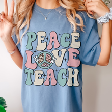 Load image into Gallery viewer, Peace Love Teach Unisex Comfort Colors® T-shirt, Women&#39;s Spring or Summer T-Shirt, Retro Design T-Shirt, Teacher or Student Teacher T-Shirt
