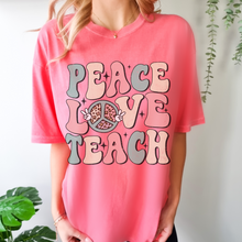 Load image into Gallery viewer, Peace Love Teach Unisex Comfort Colors® T-shirt, Women&#39;s Spring or Summer T-Shirt, Retro Design T-Shirt, Teacher or Student Teacher T-Shirt
