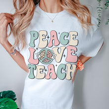 Load image into Gallery viewer, Peace Love Teach Unisex Comfort Colors® T-shirt, Women&#39;s Spring or Summer T-Shirt, Retro Design T-Shirt, Teacher or Student Teacher T-Shirt
