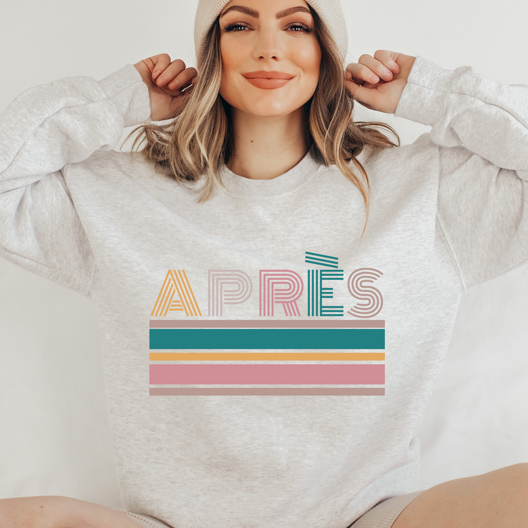 Apres-Ski Crewneck Sweatshirt APRES on a Soft, Cozy Pullover Unisex-Size Sweatshirt in White, Sand, or Ash