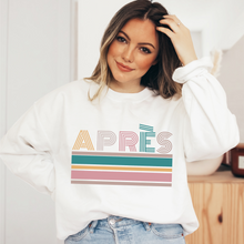 Load image into Gallery viewer, Apres-Ski Crewneck Sweatshirt APRES on a Soft, Cozy Pullover Unisex-Size Sweatshirt in White, Sand, or Ash
