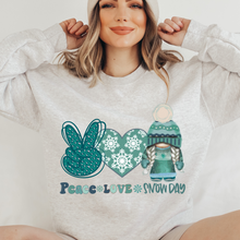 Load image into Gallery viewer, Peace Love Snow Day Unisex Hooded or Crewneck Sweatshirt Cute Gnome with Snow Day Peace Sign Snow Heart Teacher Gift
