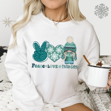 Load image into Gallery viewer, Peace Love Snow Day Unisex Hooded or Crewneck Sweatshirt Cute Gnome with Snow Day Peace Sign Snow Heart Teacher Gift
