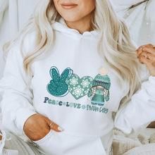 Load image into Gallery viewer, Peace Love Snow Day Unisex Hooded or Crewneck Sweatshirt Cute Gnome with Snow Day Peace Sign Snow Heart Teacher Gift
