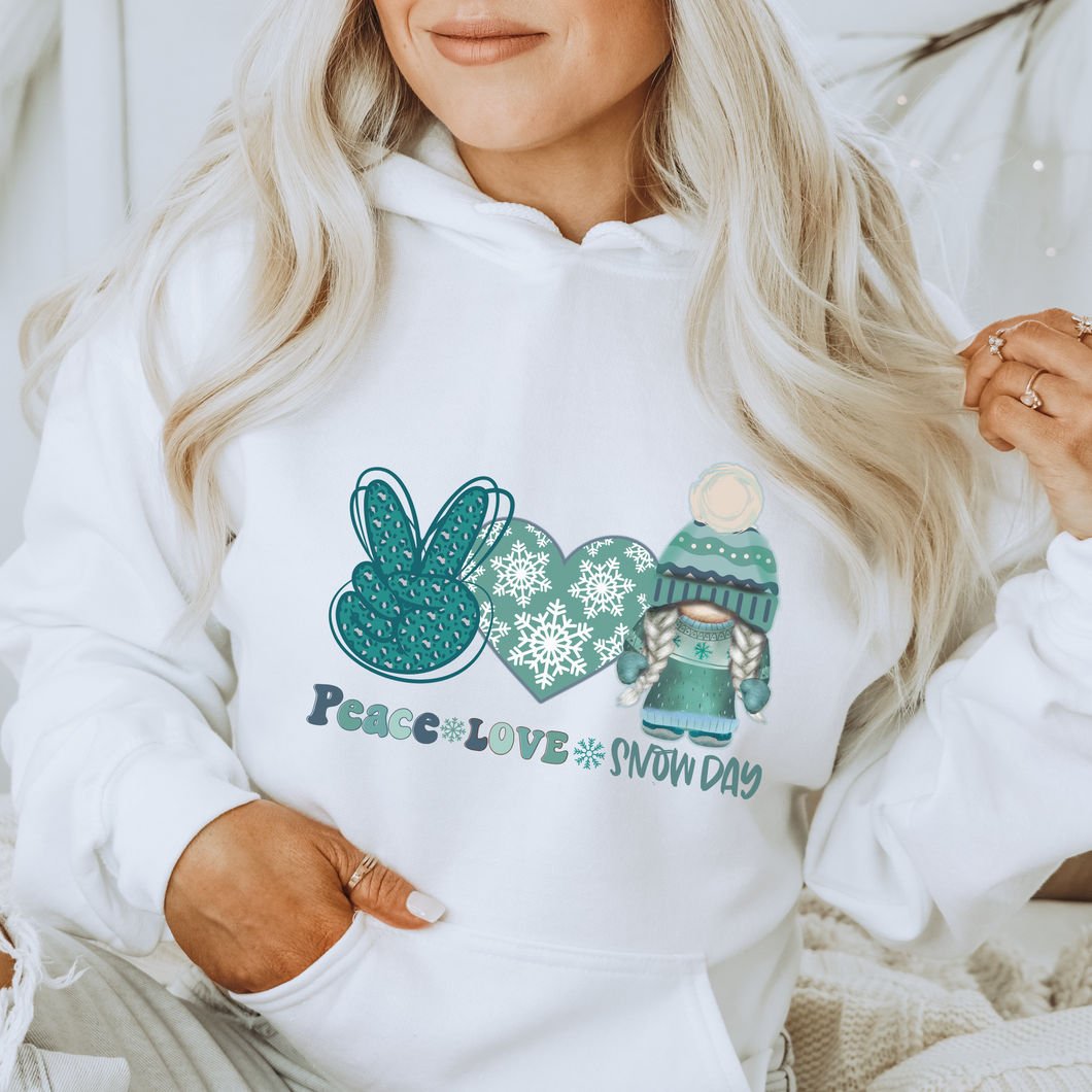 Peace Love Snow Day Unisex Hooded or Crewneck Sweatshirt Cute Gnome with Snow Day Peace Sign Snow Heart Teacher Gift