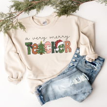 Load image into Gallery viewer, A Very Merry Teacher Christmas Unisex Crewneck Sweatshirt Women&#39;s Ash, Sand, or White Teacher Christmas Gift Cute Cozy Christmas Pullover
